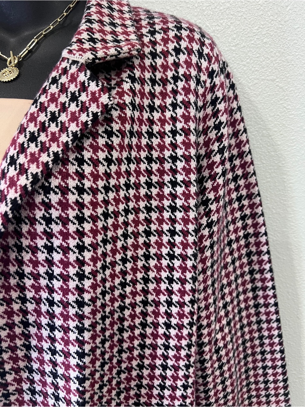 Sincerely Jules Women’s L Houndstooth Knit Blazer Burgundy Black Open Front - Picture 5 of 10